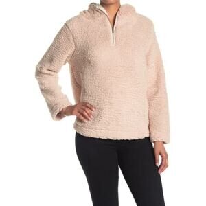 Forgotten Grace Women's Hooded Quarter Zip Faux Shearling Pullover in Tan Medium